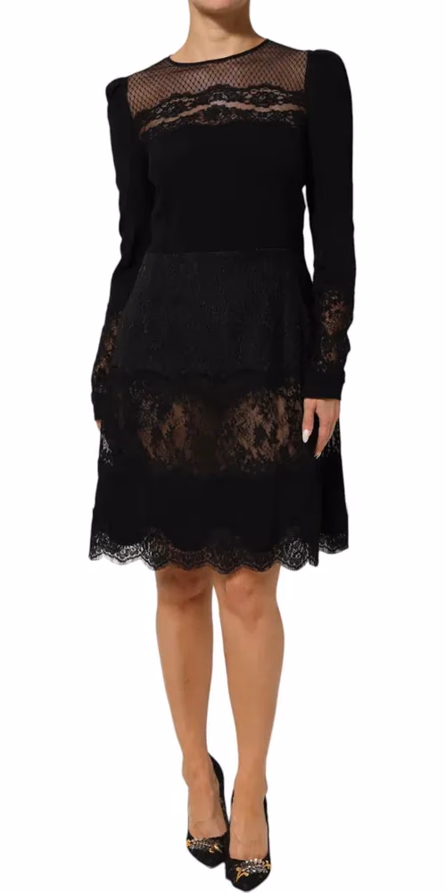 Dolce & Gabbana Black Floral Lace Trim Sheath A-line Dress