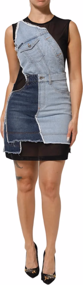 Dolce & Gabbana Blue Nylon Patchwork Denim Sheath Mini Dress