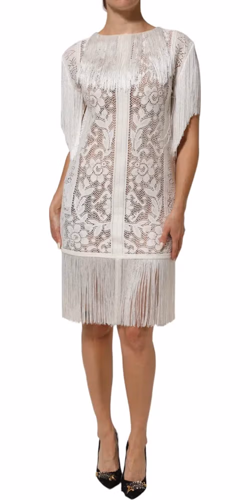 Dolce & Gabbana White Floral Lace Fringe Knee Length Dress