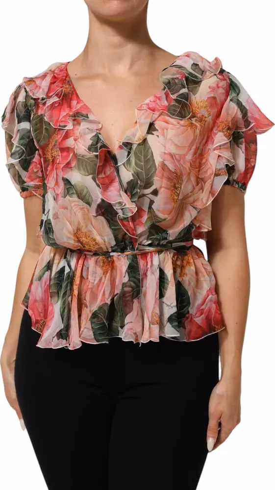 Dolce & Gabbana Pink Camellias Printed Silk V-neck Blouse Top