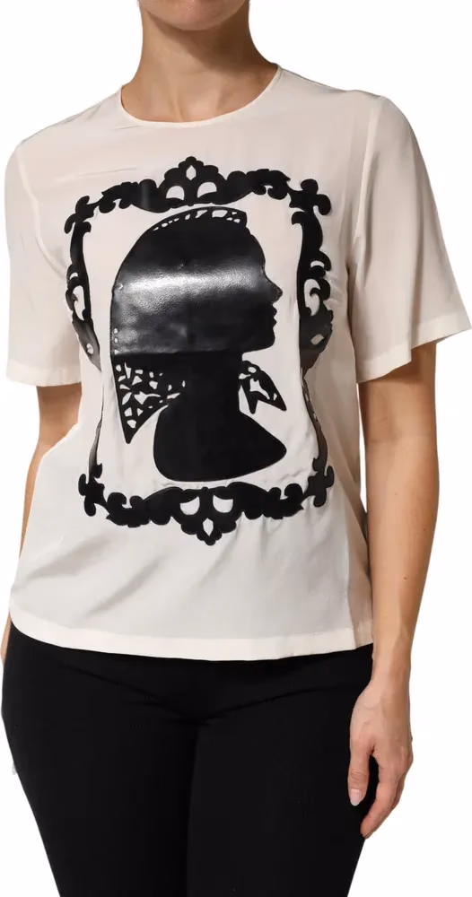 Dolce & Gabbana Cream Silk Silhouette Detail Short Sleeve Top