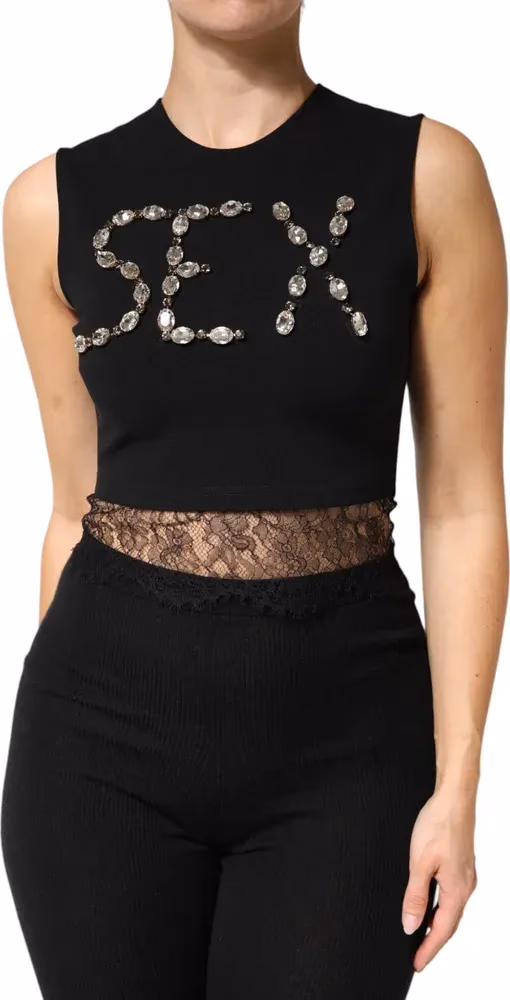 Dolce & Gabbana Black Jersey Lace Ruching Rhinestone Tank Top