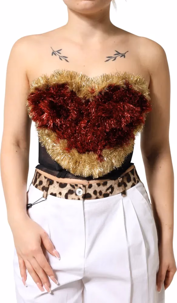 Dolce & Gabbana Black Gold Heart Bustier Corset Tinsel Top