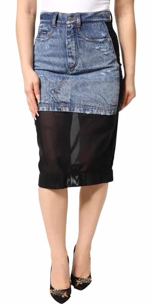 Dolce & Gabbana Blue Black Cotton Denim Sheer Midi Skirt