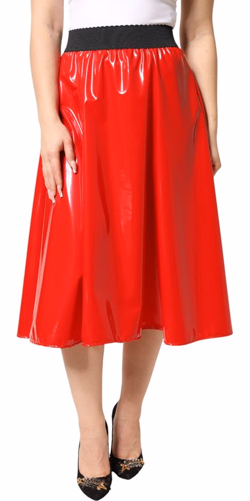 Dolce & Gabbana Glossy Red Polyester High Waist Midi Skirt