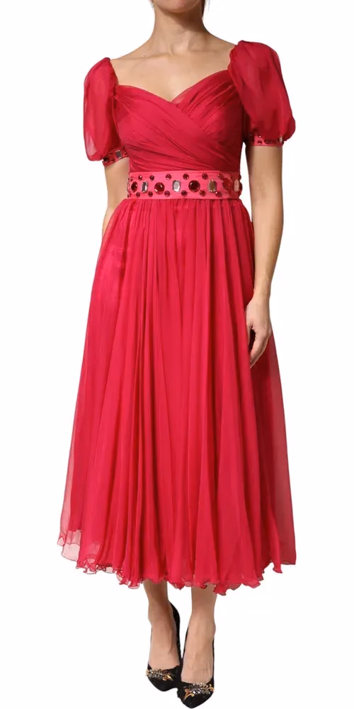 Dolce & Gabbana Pink Silk Embellished A-line Midi Dress