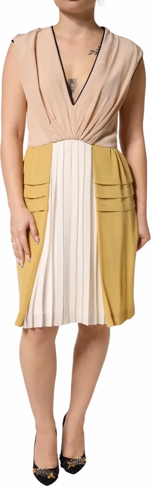 FILOS Multicolor Silk Deep V-neck Sleeveless Knee Length Dress