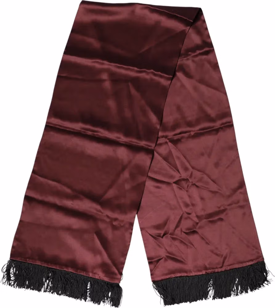 Dolce & Gabbana Maroon Silk Satin Fringes Neck Foulard Scarf