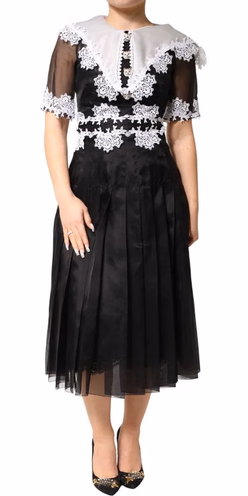 Dolce & Gabbana Black White Silk Macrame Lace Midi Dress