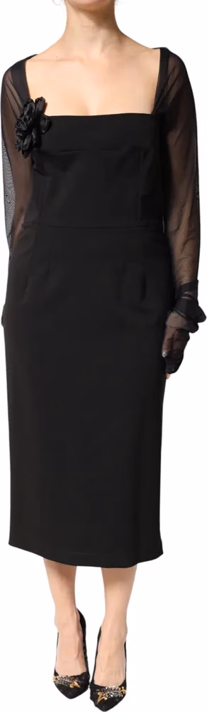 Dolce & Gabbana Black Sheer Yoke Rosette Sheath Midi Dress